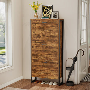 English Elm Shoe Cabinet Slim 3-Flip Drawers with Top Drawer and Metal Handles, Rustic Brown Entryway Organizer W2948P245242