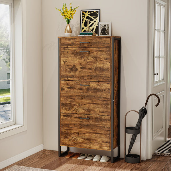English Elm Shoe Cabinet Slim 3-Flip Drawers with Top Drawer and Metal Handles, Rustic Brown Entryway Organizer W2948P245242