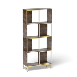 English Elm 4-Tier Industrial Bookcase with Rustic Wood & Gold Metal Frame, Asymmetrical Shelves for Small Spaces W2167P192763