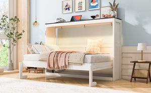 English Elm Twin Size Murphy Bed With Led Light – Stylish Space-Saving Wall Bed In White & Brown Cabinet Design N7090004013K-GIGA