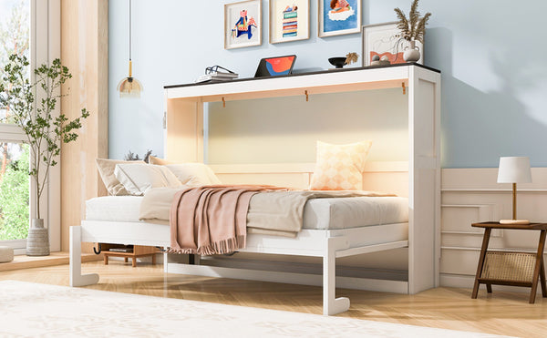 English Elm Twin Size Murphy Bed With Led Light – Stylish Space-Saving Wall Bed In White & Brown Cabinet Design N7090004013K-GIGA