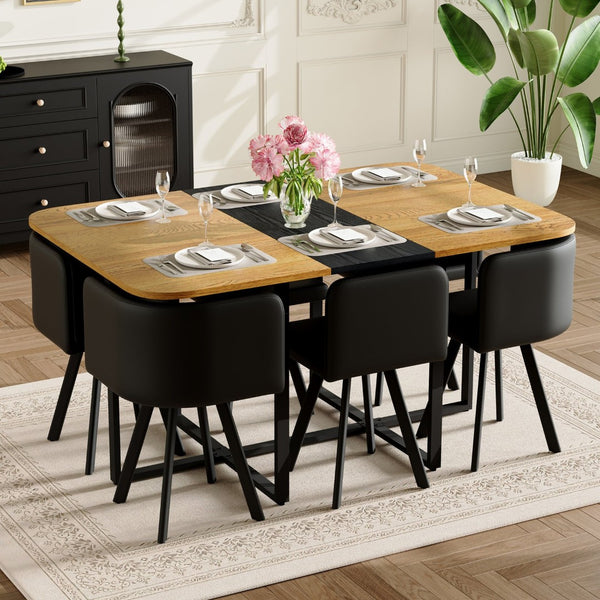 English Elm 7-piece Modern Dining Set with Two-tone Wood Table and Six Black Pu Leather Chairs W3875S00123