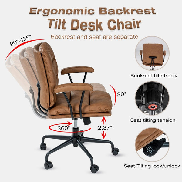 English Elm Brown Ergonomic Office Chair with Reclining Backrest Lumbar Support and Adjustable Arms W5382P440943