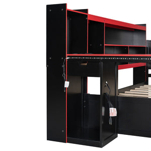 English Elm Full Size Gaming Bed Frame with Desk Led Lights Storage Drawers and Charging Station Black+Red LP000289AAJ