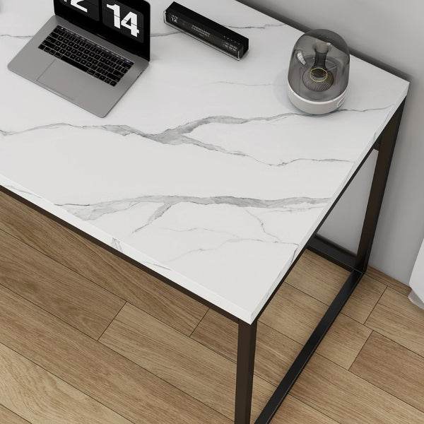 English Elm Home Office Writing Desk with Steel Frame and Scratch Resistant Two Tone Surface Marble W3151P400583