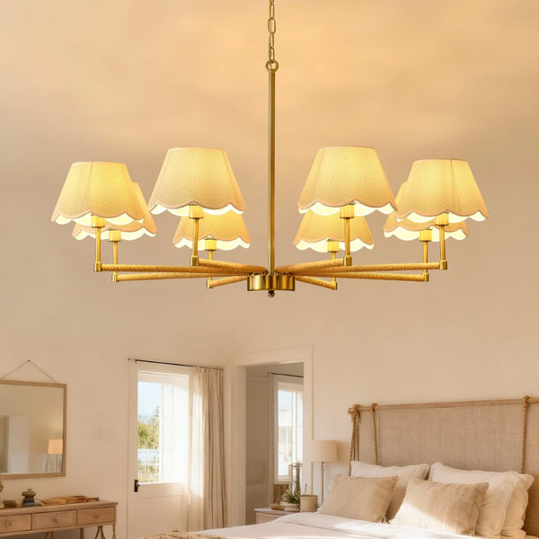 English Elm 8-light Gold Rope Wrapped Fabric Shade Chandelier for Dining and Living Rooms W5008P391581