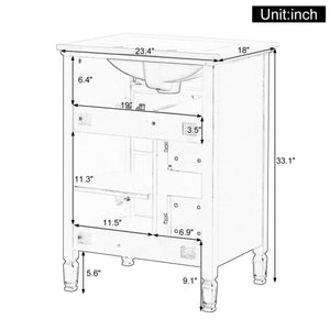 English Elm 24-Inch Bathroom Vanity with Sink, Solid Wood & MDF, Ceramic Top, Gold Handles, Flip Drawer Design Green N725P350824F