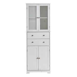 English Elm 67" Tall Pantry Cabinet with Glass Doors & Drawer, 67" White MDF Tall Kitchen Storage Cupboard W3417P321849