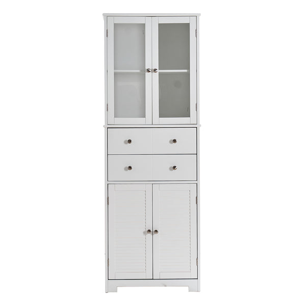 English Elm 67" Tall Pantry Cabinet with Glass Doors & Drawer, 67" White MDF Tall Kitchen Storage Cupboard W3417P321849