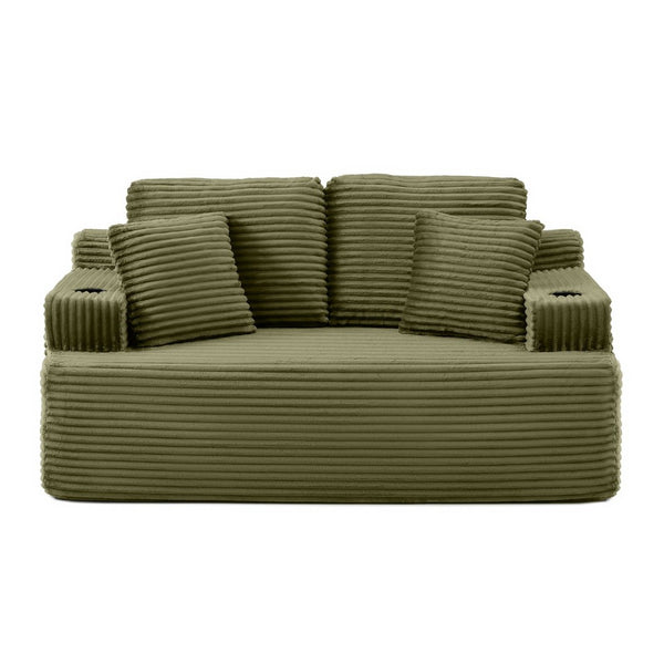 English Elm Boneless Floor Sofa Corduroy Upholstered 5 Seat Low Profile with Cup Holders for Living Room Green W1117S00434