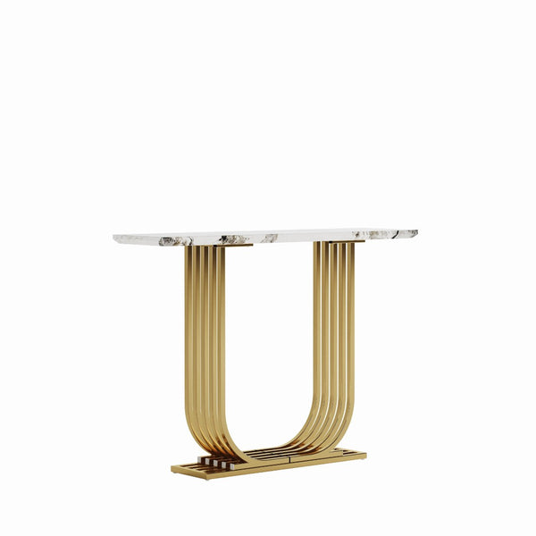 English Elm Accent Console Table Sculptural Black Gold Metal Legs Slim Entryway Hallway Decor W2263P395487