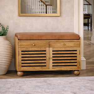 English Elm Solid Mango Wood Shoe Cabinet with Leather Top Four Shelves Entryway Storage B182P476900