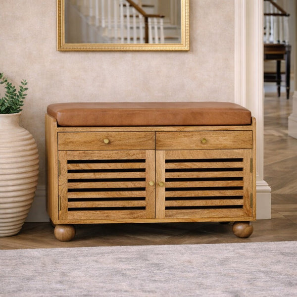 English Elm Solid Mango Wood Shoe Cabinet with Leather Top Four Shelves Entryway Storage B182P476900