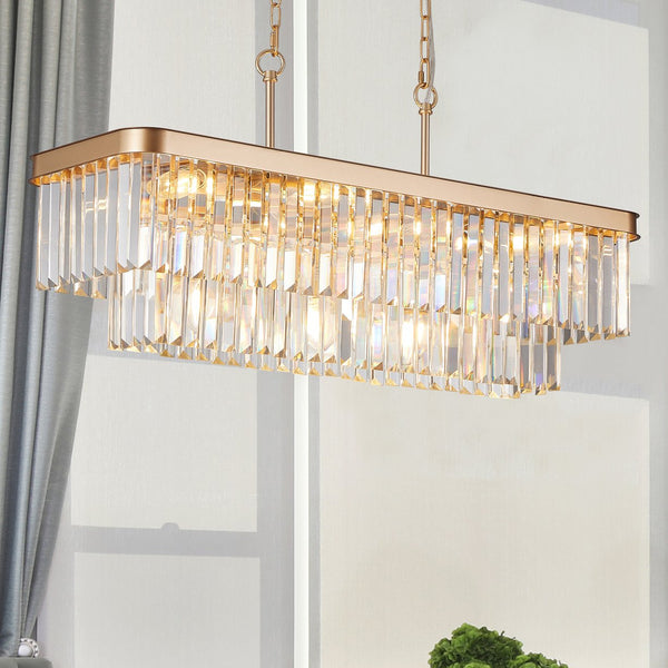 English Elm Chandeliers,Rectangular Crystal Chandelier Adjustable Modern Industrial Iron Frame Pendant Light for Kitchen Dining Room Bedroom PMID Gold W2312P368691