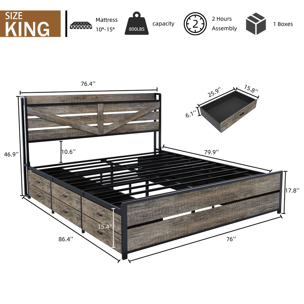 English Elm King Oak Platform Bed Frame with 12 Drawers, Bookcase Headboard, USB/Type-C Charging, Quiet Metal Support W636P325853