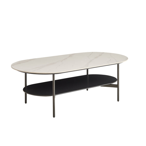 English Elm Coffee ceramic coffee table with sintered stone top, walnut shelf & steel frame for modern rooms W1911P194980