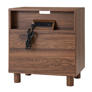 English Elm 26" Mid-century Nightstand with Charging Station Mirrored Drawers and Wood Legs W3417P388714