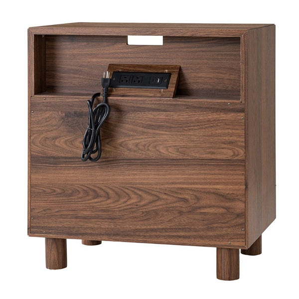 English Elm 26" Mid-century Nightstand with Charging Station Mirrored Drawers and Wood Legs W3417P388714