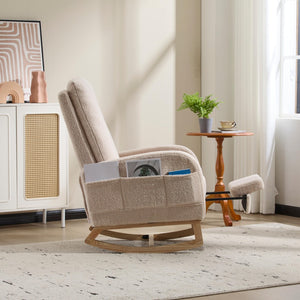 English Elm Modern Upholstered Glider Rocker with Teddy Fabric High Back and Rubberwood Base Beige W3723P409075