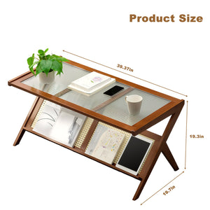 English Elm Rattan Mid Century Bamboo Coffee Table with Tempered Glass Top, Z-Frame Storage Shelf, Brown 42.5" W3101P314783