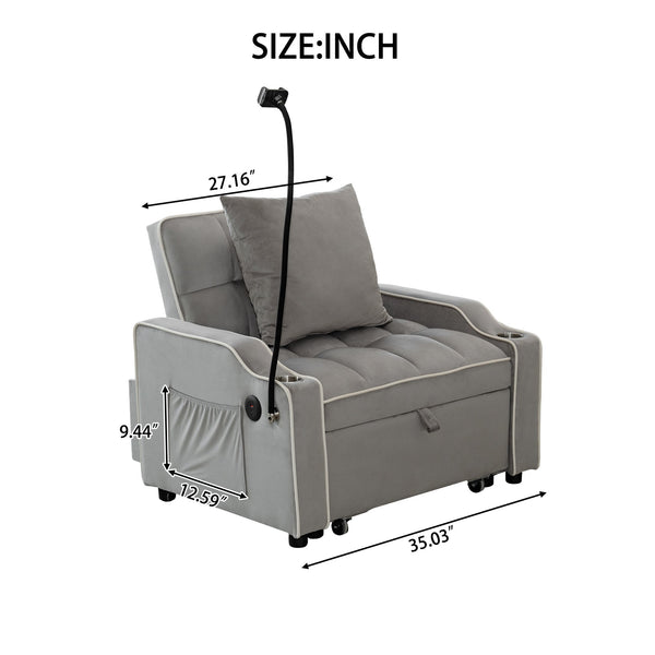 English Elm Convertible Velvet Chair Bed 3-in-1 Futon Sleeper with USB, Phone Holder, Cup & Storage for Small Spaces W2941P317492
