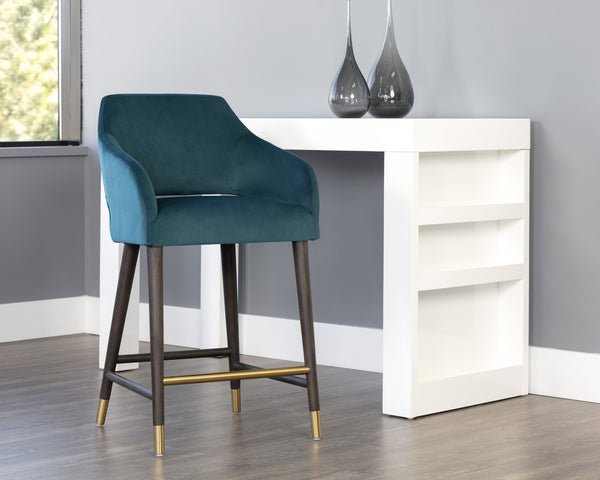 Sunpan Adelaide Counter Stool - Elegant Design with Sloping Arms and Antique Brass Caps for Modern Spaces Timeless Teal