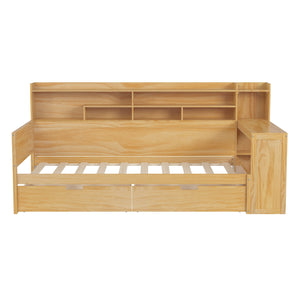 English Elm Wooden Twin Daybed with Built-In Desk, Side Shelves and Dual Drawers for Smart Space Saving Natural 54.9 L x 18.75 W x 5.6 H N733S241484M