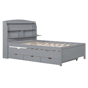 English Elm Full Size Wooden Led Platform Bed With Trundle, Storage Headboard & Usb Charging – Gray Finish N820S10009E