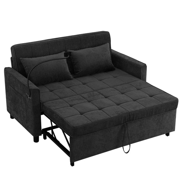 English Elm 56.9" Loveseat Sofa Bed with Chenille Upholstery, USB Ports, Phone Holder, Side Pockets, Reclining Backrest Black N719P208853B