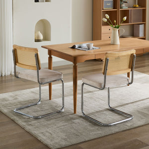 English Elm Mid Velvet Mid Century Dining Chair with Rattan Back, Solid Wood Frame, Plush Velvet, 360lb Capacity Beige W1143P168322