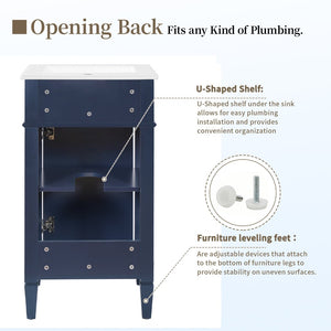 English Elm 18-inch French Style Freestanding Bathroom Vanity with Ceramic Sink Soft Close Storage Blue N710P411340C