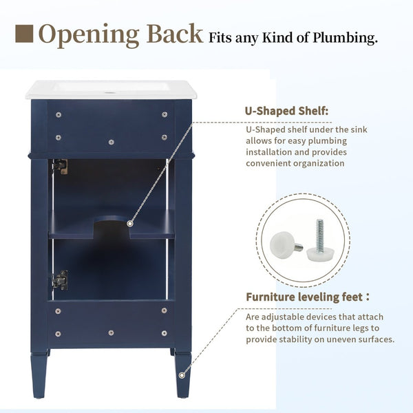English Elm 18-inch French Style Freestanding Bathroom Vanity with Ceramic Sink Soft Close Storage Blue N710P411340C