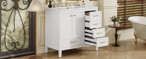 English Elm Christopher Knight Home® - 36" Vintage-inspired Bathroom Vanity with Ceramic Sink, Solid Wood Frame, Soft-Close Drawers, Spacious Storage White N759P293646K