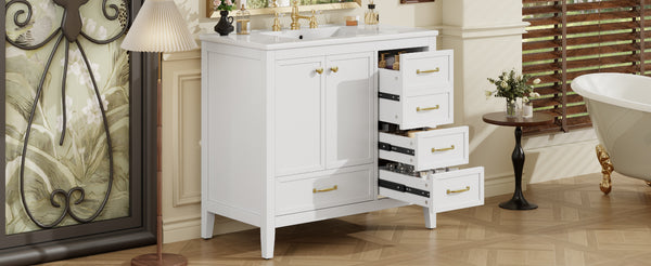 English Elm Christopher Knight Home® - 36" Vintage-inspired Bathroom Vanity with Ceramic Sink, Solid Wood Frame, Soft-Close Drawers, Spacious Storage White N759P293646K