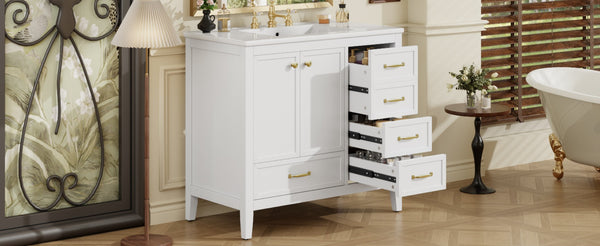 English Elm 36" Solid Pine Bathroom Vanity with Ceramic Sink 4 Soft Close Drawers Vintage Style White N759S293646K
