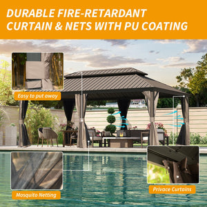 English Elm 14' X 22' Hardtop Gazebo with Drainage System, Dual-Layer Galvanized Roof, Curtains & Mesh Protection Brown W1859S00152