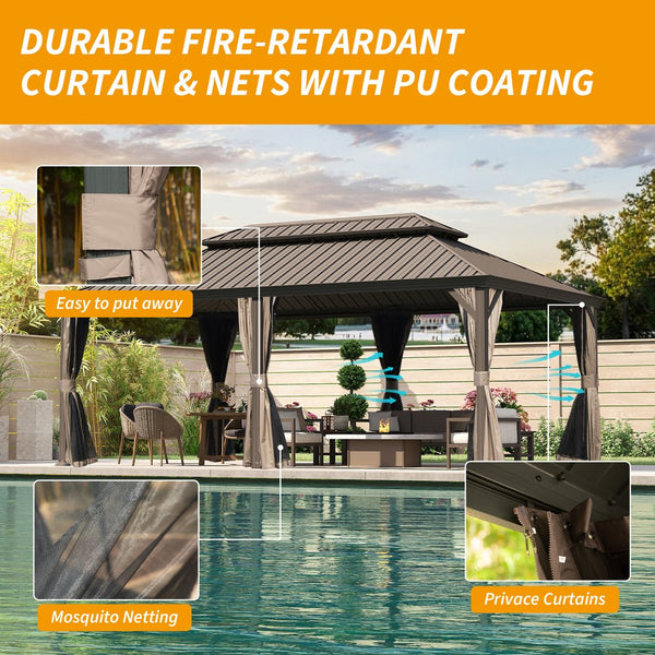 English Elm 14' X 22' Hardtop Gazebo with Drainage System, Dual-Layer Galvanized Roof, Curtains & Mesh Protection Brown W1859S00152