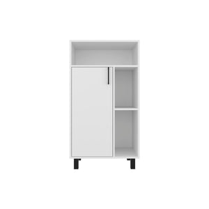 English Elm Bryce Compact Base Cabinet with Door, Open Shelves & Top Display in Kronos White — Durable MDF Storage B200P335361