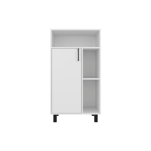 English Elm Bryce Compact Base Cabinet with Door, Open Shelves & Top Display in Kronos White — Durable MDF Storage B200P335361
