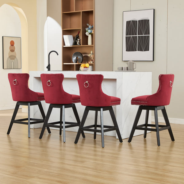English Elm Swivel Velvet Barstools with Tufted Back Support, 360° Rotation, Foam & Spring Cushion, Sturdy Wooden Frame WINE RED W1143P369088