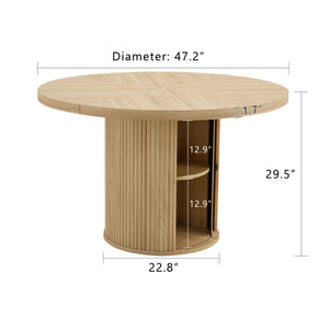 English Elm 47.2-inch Round Walnut Pedestal Dining Table with Roman Column Base and Hidden Storage W2920S00053