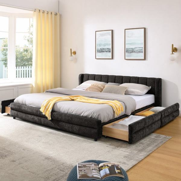 English Elm King Chenille Upholstered Platform Bed with Storage Drawers and Structured Headboard Dark Gray W487S00415