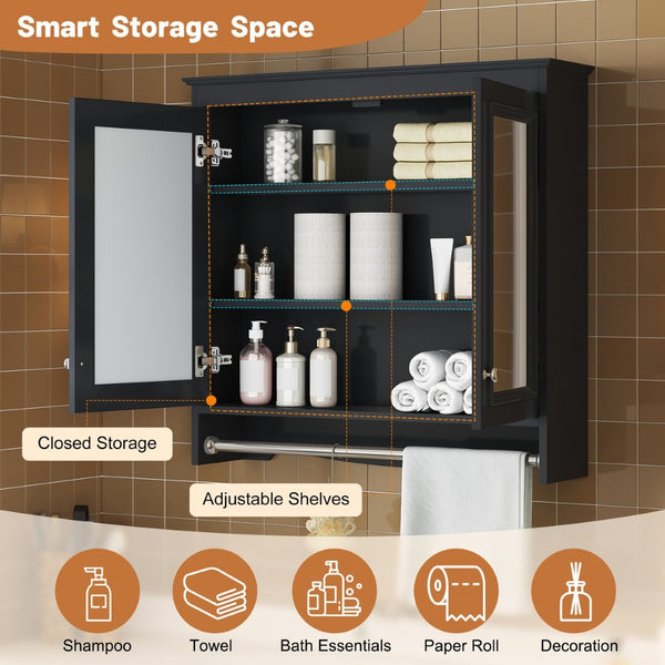 English Elm 3-in-1 Wall Mounted Medicine Cabinet with Soft Close Door Adjustable Shelves and Towel Bar Black N710P405415B