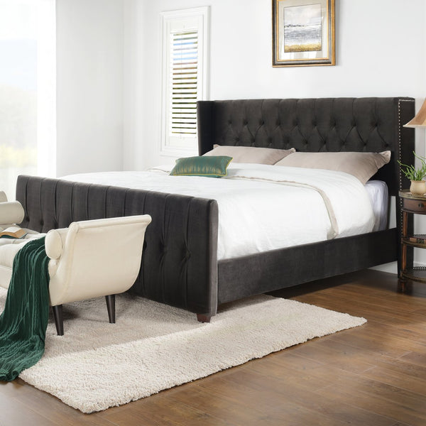 English Elm Jennifer Taylor Home - David Tufted Wingback King Bed with Dark Charcoal Velvet, Nailhead Trim, Solid Hardwood Frame, Luxurious Support B2719P245935