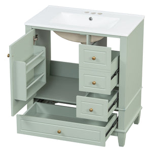 English Elm Christopher Knight Home® - 30" Freestanding Bathroom Vanity with Ceramic Sink, Soft-Close Door, Gold Knobs & 3 Drawers, Durable Painted Finish Light Green N759P225994G