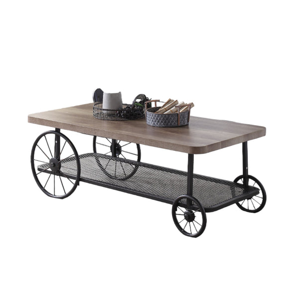 English Elm Francie Industrial Coffee Table with Diamond Mesh Shelf, Metal Wheels & Antique Gray Wood Finish Oak 52 L x 27 W x 6 H B2726P251278