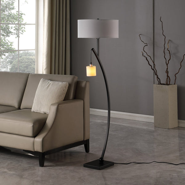 English Elm 59" Contemporary Dual Arc Floor Lamp with Hanging Pendant & Drum Shades, 3-Way Rotary Lighting Control Matte Black B072P222447