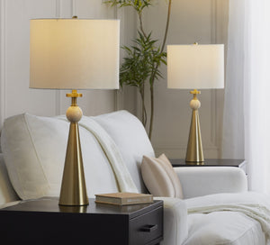 English Elm Table Lamp Set of Two Gold Metal Travertine Base with Leaf Fabric Shade Glam Decor B202P471582
