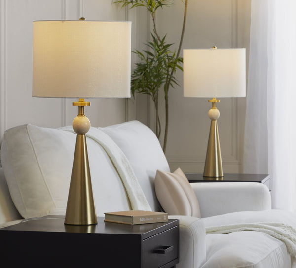English Elm Table Lamp Set of Two Gold Metal Travertine Base with Leaf Fabric Shade Glam Decor B202P471582