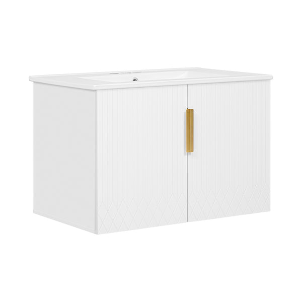 English Elm 30" Vintage Bathroom Vanity with Ceramic Sink — Wall-Mount MDF & Solid Wood Cabinet, Storage, Sleek Finish White N710P214100K